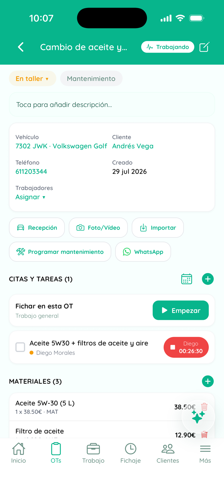 La OT con el trabajo fichado en vivo y los materiales
